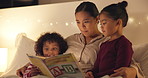 Night, mom and reading book with kids in bedroom for story time, fantasy or imagination in home. Mother, lying or bonding with children or novel in late evening for literature, education or learning