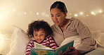 Night, mom or reading with child for bedtime story, fantasy or imagination together in home. Mother, bonding or kid with book or novel in late evening for literature, education or learning in bedroom