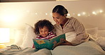 Night, mom or reading with happy child for bedtime story, fantasy or imagination together in home. Mother, bonding or kid with book or novel in late evening for literature, education or learning