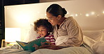 Night, mom or book with child for bedtime story, fantasy or imagination together in home. Mother, reading or bonding with kid or novel in late evening for literature, education or learning in bedroom