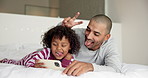 Dad, child or bed with selfie in home for photography, picture or funny memory together in bedroom. Father, kid or silly face with peace sign or smile for capture moment or social media post in house