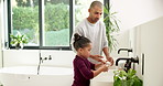 Learning, bathroom and dad with child for washing hands, cleaning and teaching hygiene in morning. Family, home and father with girl with water, soap and sink for wellness, health and germ prevention