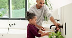 Help, bathroom and dad with child for washing hands, cleaning and teaching hygiene in morning. Family, home and father with girl with water, soap and learning for wellness, health and germ prevention