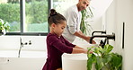 Morning, bathroom and dad with child for washing hands, cleaning and teaching hygiene in home. Family, parenting and father with girl with water, soap and sink for wellness, health or germ prevention
