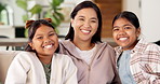 Face, children and bonding with mom in lounge, family and laughing together on couch and connection. Happy woman, portrait and care for girls in living room, humor and relax with kids in house
