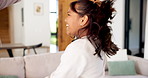 Happy, dancing and mom with child with spin, high five and bonding with music, energy and playful. Family, excited and girl in living room with mom, song and moves for moment, relationship and love