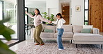 Dancing, excited and mom with child with music for fun, bonding or playful relationship on weekend. Family, home and mother with girl with movement, energy and together for connection, moment or love