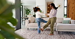 Dancing, home and mom with child with music for fun, bonding and playful relationship on weekend. Family, house and mother with girl with movement, energy and together for connection, moment and love