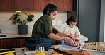 Phone call, mom and child in home for getting ready, busy and morning routine with lunch. Education, multitasking and woman or single parent with kid for kindergarten preparation and packing bag