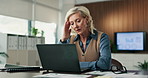 Stress, mature and business woman on laptop with crisis, mistake and issue with finance report. Corporate, financial advisor and person on computer frustrated for audit, deadline or problem in office