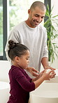 Water, soap and father with child for washing hands in bathroom for health, self care or hygiene. Teach, disinfection and dad with kid for clean skin with removal of bacteria, germs or dirt in home.
