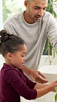 Water, soap and father with kid for washing hands in bathroom for health, self care or hygiene. Teach, disinfection and dad with child for clean skin with removal of bacteria, germs or dirt in home.