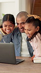 Laptop, dad and hug children with remote work for connection, bonding together and attention. Freelancer, happy father and embrace kids at tech for childcare, healthy relationship and support in home