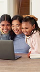 Family, hug and mom with laptop in home, remote work and bonding with children and happy for support. Kids, smile and embrace with mother, love and woman with freelance project and online in house