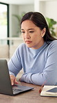Remote work, typing and Asian woman on laptop in home for planning, research and project agenda. Freelancer, planner and person on computer for internet, website and schedule for startup business