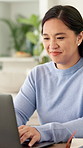Remote work, online and Asian woman on laptop in home for planning, research and project agenda. Freelancer, planner and person on computer for internet, website and schedule for startup business