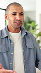Upset, argument and man in home with disagreement, conflict or affair confession in living room. Angry, fighting and male person with toxic marriage for relationship dispute or cheating in apartment.