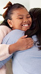 Home, hug and mother with girl, family and bonding together with care, relax and trust. House, single parent and mama with daughter, child development and embrace for support, relationship and love