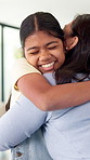 Home, hug and mom with girl, family and bonding together with care, relax and trust. House, single parent and mama with daughter, child development and embrace for support, relationship and love