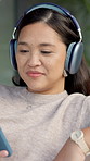 Listening, headphones and woman with mobile for music, relaxing and enjoying playlist in home. Audio, subscription and happy person with phone or app for streaming song, album or podcast on weekend
