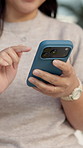 Phone, scroll and hands of woman outdoor in backyard with texting, networking or social media on app. Contact, technology and female person with cellphone for chatting, message or notification online