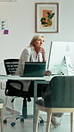 Computer, thinking and business woman in office for email, online task or insurance claim review. Idea, solution or mature broker typing with decision, report or policy assessment and glass window