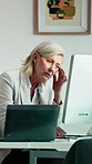 Computer, stress and business woman in office for deadline, mistake or insurance claim risk. Headache, pressure and mature broker with fatigue for company decision, online report or policy review