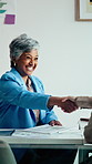 Contract, handshake and business woman with deal for merger agreement, financial partnership or smile. Clipboard, mature person and shaking hands in workplace, investment collaboration or acquisition
