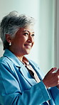 Thinking, smile and business woman with phone in office for problem solving, company audit or email. Mature person, financial agency and online reading with digital tech, decision and networking