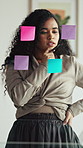 Glass, wall and woman thinking in office with strategy, planning or marketing solution. Idea, sticky note and marketer or person with creative project, decision or problem solving for schedule