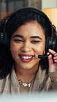 Contact, computer or woman with headset in call center, telemarketing or sales pitch for insurance policy. Discussion, premium offer or virtual agent with tech for networking, lead generation or crm