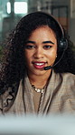 Computer, smile and woman with headset in call center, telemarketing and pitch for insurance policy. Speaking, premium offer and sales consultant with tech for networking, lead generation and faq