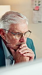 Mature, businessman and thinking in office with computer, accounting and glasses for audit review. Person, reading and financial auditor in workplace with desktop, problem solving and check report.