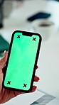 Hand, phone and green screen in office for business, company agenda and finance information. Woman, connectivity and tech mockup in agency for banking app, investment review and UX for efficiency