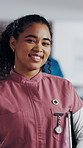 Face, medical and smile with woman nurse in hospital for about us, internship or residency. Friendly, tablet and wellness with happy person in scrubs at clinic for healthcare, help or support