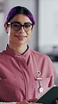 Face, nurse and tablet in hospital for healthcare, schedule update or service information. Medical attendant, tech or glasses in clinic for telehealth platform, digital report or smile for efficiency