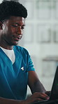 Healthcare, nurse and man with laptop in hospital, administration and paperwork with patient records. Clinic, medical professional and person with tech for test results, smile and info updates on web