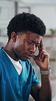 Stress, man and nurse with headache in hospital for bad news, medical mistake and treatment fail. Frustrated, male person and migraine from healthcare pressure, diagnosis concern and employee burnout