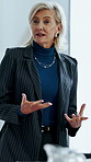 Presentation, finance or woman in firm with screen, budget review or strategy in funding pitch. Meeting, speaker or asset director with tech, risk assessment or forecast brief on investment proposal.