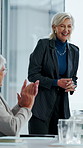 Applause, presentation and businesswoman in office for meeting for finance achievement or goal. Happy, clapping hands and mature financial manager with discussion for investment proposal in workplace