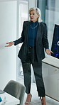 Presentation, digital or woman in agency with screen, software demo or innovation review in meeting. Speaker, person or IT manager with tech, enterprise solution or brief on transformation strategy.