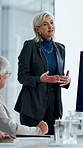 Presentation, digital or woman in office with screen, software demo or innovation review in meeting. Team, speaker or IT manager with tech, enterprise solution or briefing on transformation strategy.