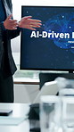 Screen, presentation and businesswoman in office for meeting for AI driven healthcare. Speaker, clapping hands and mature medical CEO with discussion for skills development with research in workplace