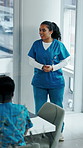 Nurse, presentation and medical team in hospital with discussion, research or advice for patient care. Healthcare worker, people and workshop in glass office with plan, collaboration or idea proposal