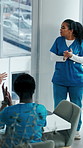 Woman, applause and team in hospital for goals, achievement and healthcare services in office. Excited people, clapping hands and nurse in meeting for celebration, collaboration and success in clinic