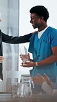 People, applause and nurse in hospital for award, achievement and healthcare services in office. Excited group, clapping hands and meeting for celebration, thank you and success trophy in clinic