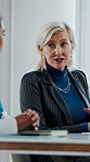 Woman, director and team at office meeting in hospital with nurse, insight or laugh in discussion on break. Happy people, medical professional or planning with healthcare services at wellness clinic