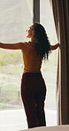 Woman, smile and window with thinking, open and view with curtains, reflection or hotel room on holiday. Person, back and perspective in morning, memory and happy with inspiration at luxury resort
