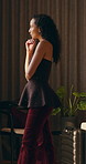 Happy woman, thinking and window in hotel room with reflection, curtain and insight on vacation. Person, mindset and perspective with break, getaway and smile with view on holiday at luxury resort