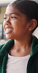 Walking, student or girl with thinking at school, learning journey or lesson reflection for education. Academy, smile and child with mindset for academic development, future and study for knowledge